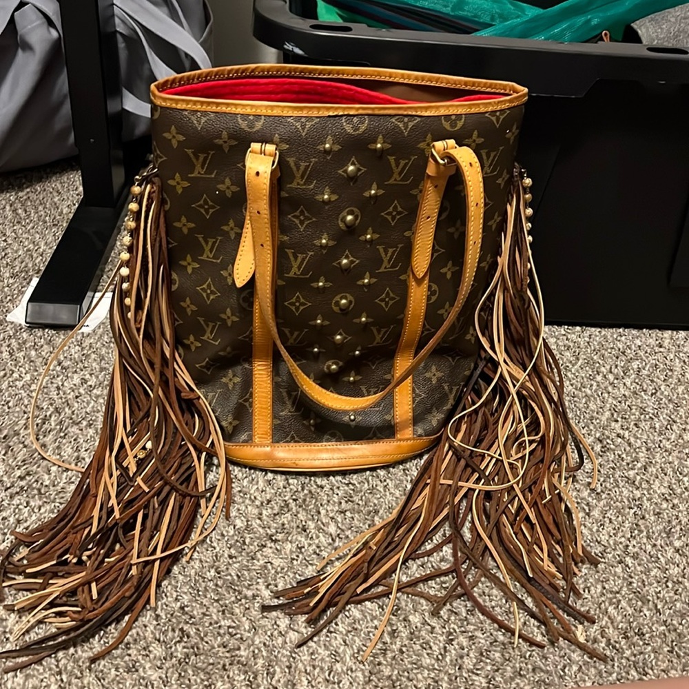 Gutted Louis Vuitton tote. French Tote with Studs with Dirty Blonde side fringe